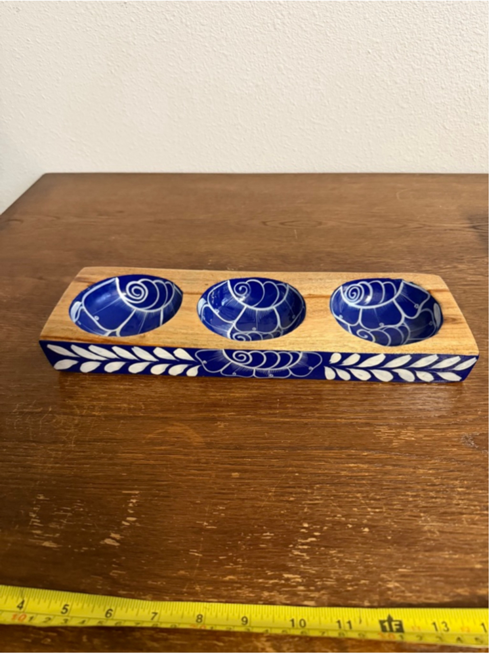 Hand Painted Wooden Triple Tealight Candle Holder Blue White Folk Art Rustic Dec